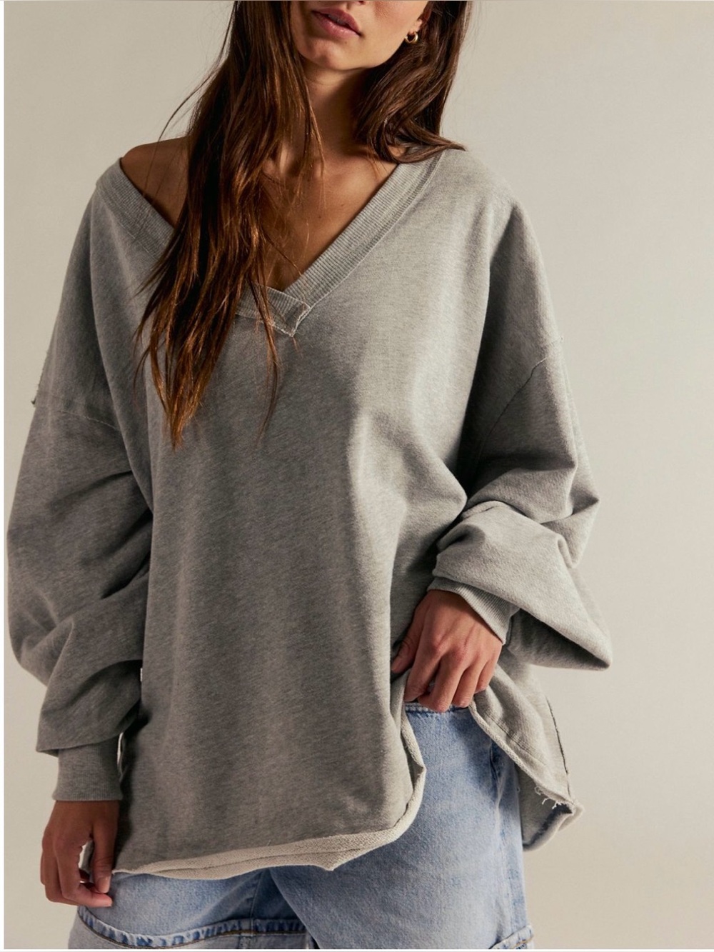 We The Free People Gray Venice V-Neck Sweatshirt Oversized Slouchy Baggy Boho